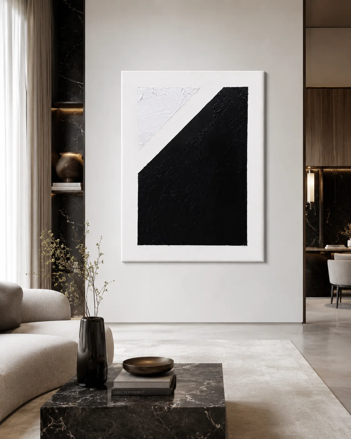 Equilibrium hanging in a living room with dark marble.