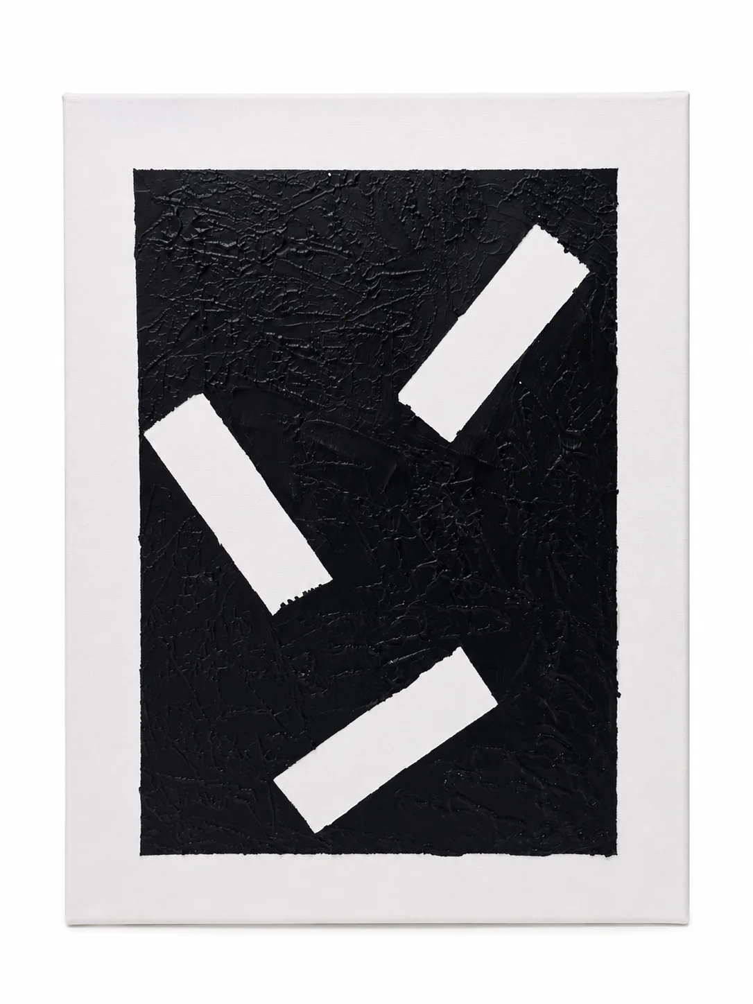 Fragments — three white slanted bars interrupting a heavily textured black field.